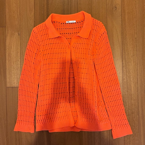 ZARA Women's Size Small Orange Chenille Knit Long Sleeve Collared Cardigan Top - Picture 4 of 4